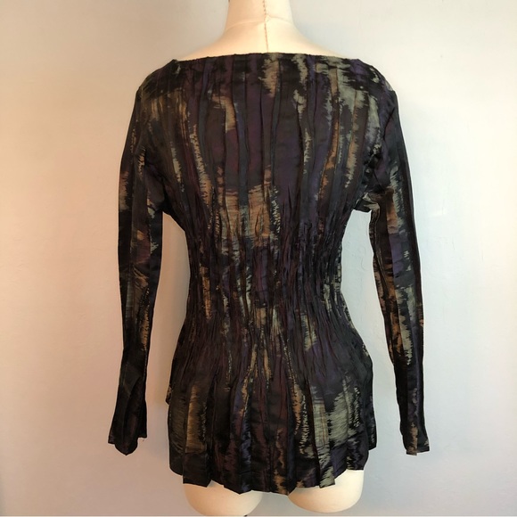 Babette Pleated Crinkle Long Sleeve Dark Purple &Black Square Neck Top Petite - Picture 3 of 15